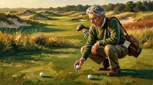Golfer crouched between two golf balls in the fairway deciding which one to play, foursomes vs chapman golf