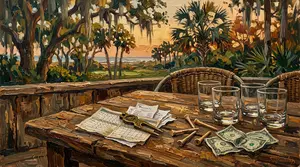 Weathered clubhouse patio table with scorecards, receipts, and rocks glasses at dusk, myrtle beach golf trip cost