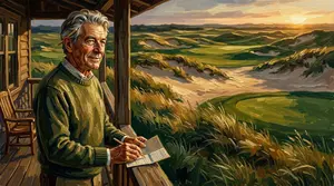Golfer looking out over Sand Valley's dune fairways at dusk with a scorecard in hand, sand valley golf trip cost