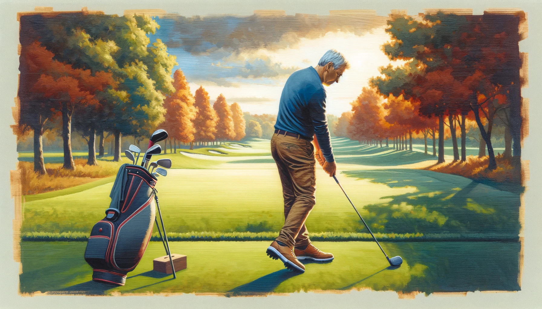 a-gouache-painting-capturing-A different angle of a middle aged weekend golfer