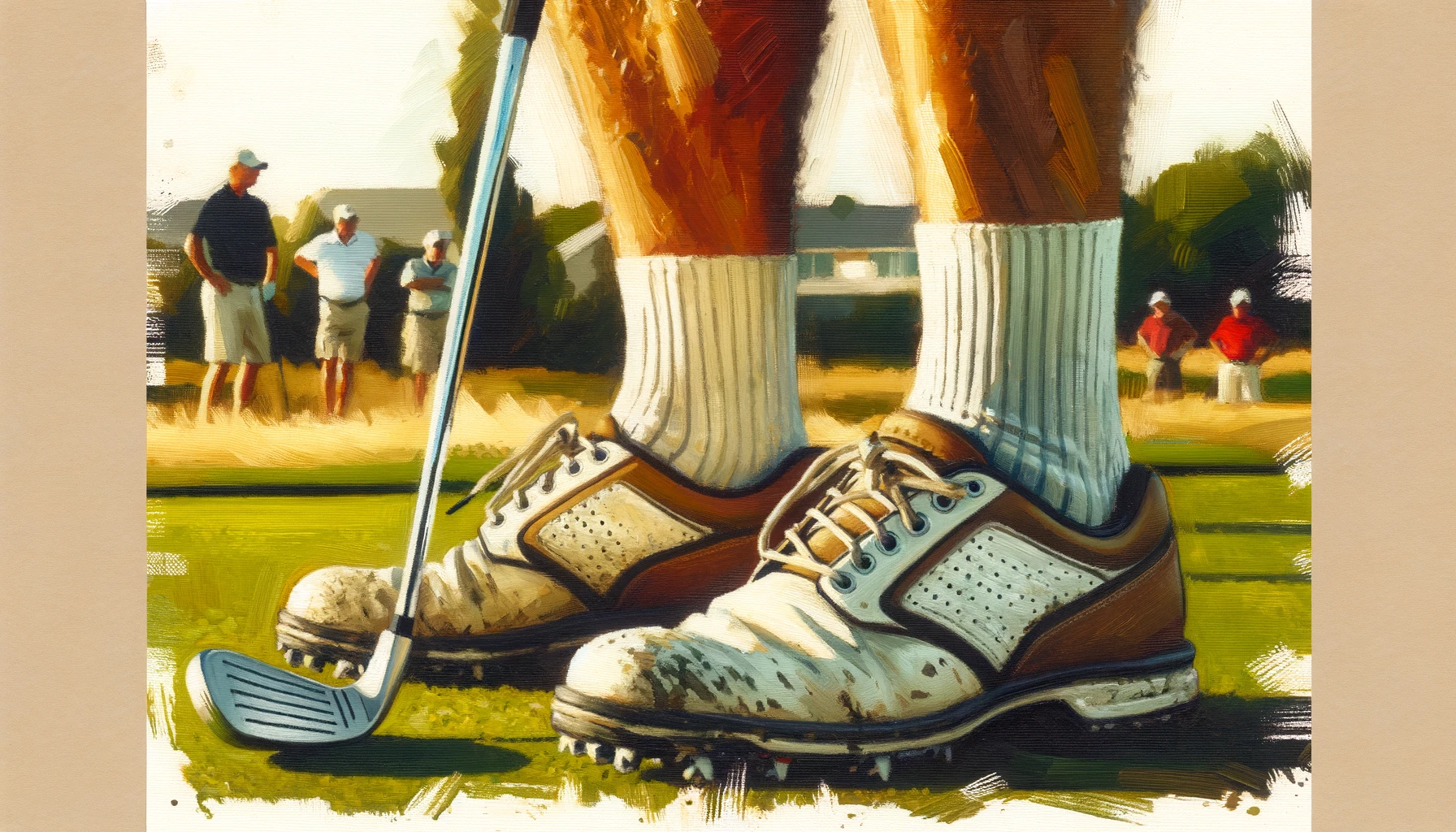 A gouache painting depicting a close up view of a middle aged weekend golfers golf shoes