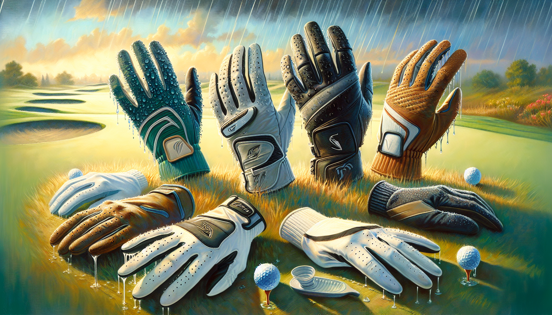 Various all-weather golf gloves laid out showing different materials and grip patterns
