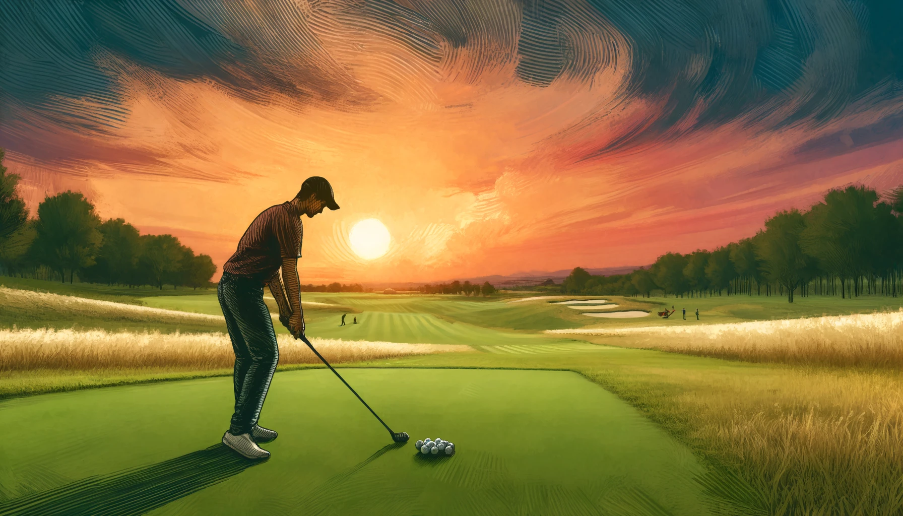 Beginner golfer practicing golf course sunset Beginner golfer practicing golf course sunset