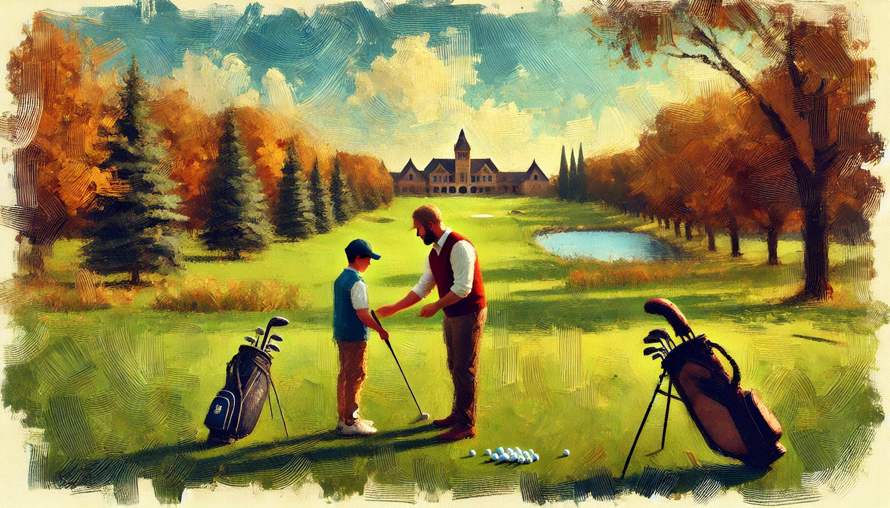 Beginner golfer receiving lesson on picturesque golf course Beginner golfer receiving lesson on picturesque golf course