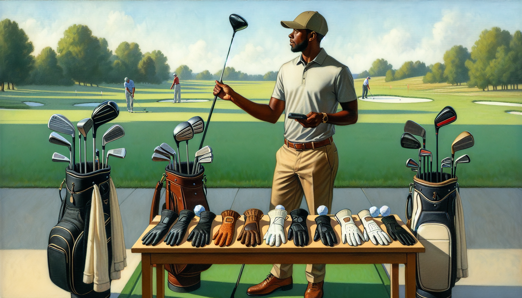 Weekend golfer comparing different golf gloves while holding a driver