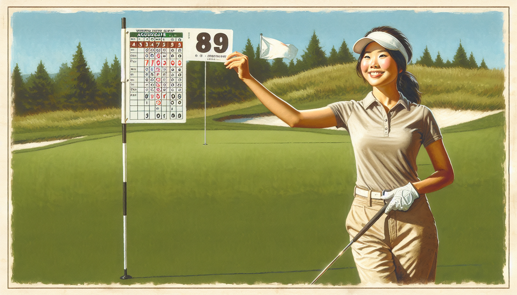 Golfer celebrating breaking 90 with scorecard showing 89