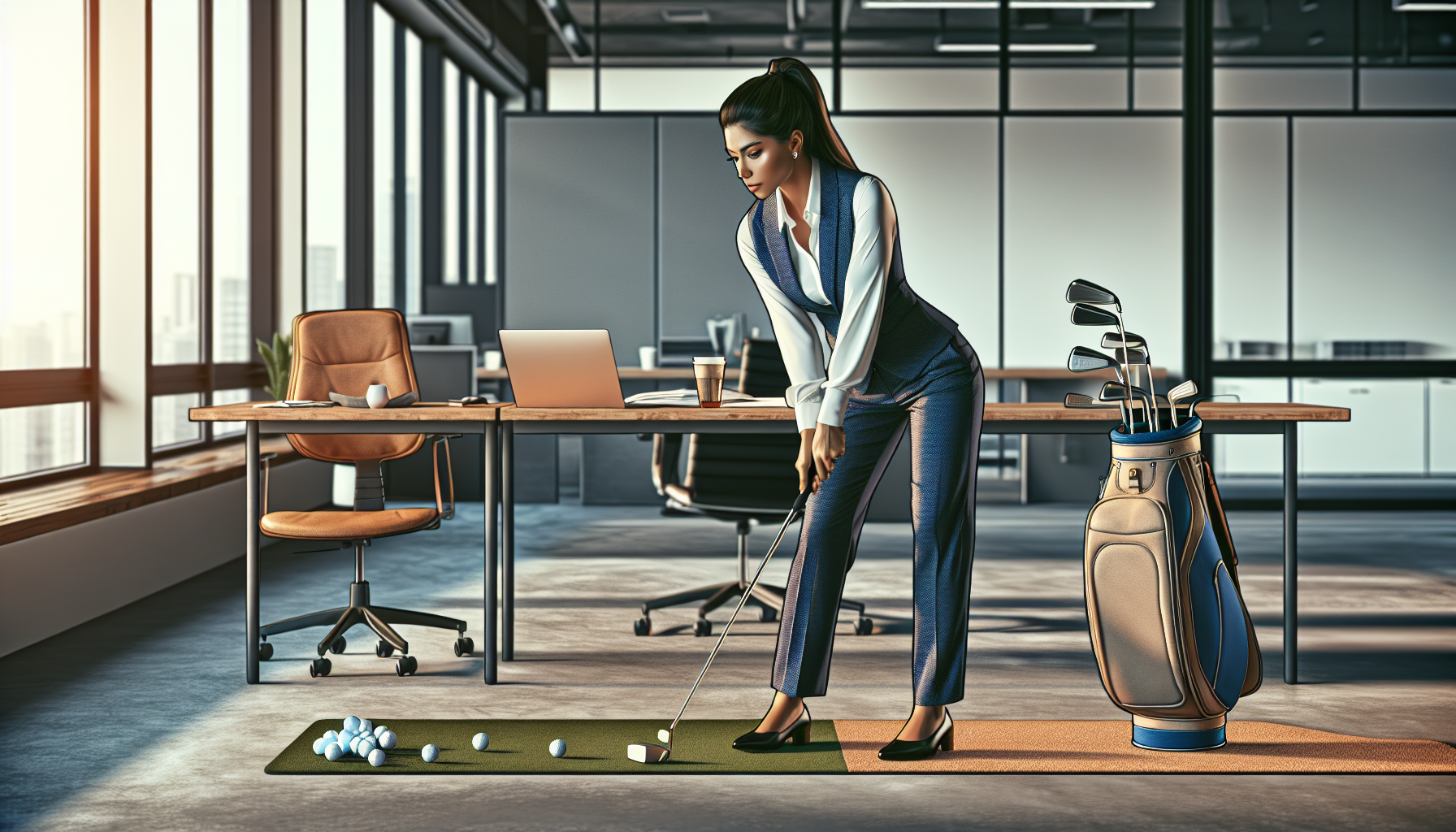 Busy professional practicing golf efficiently during lunch break