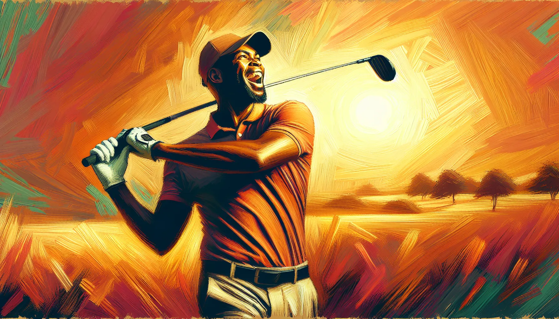 A cheerful golfer swinging with joy under the sun. A cheerful golfer swinging with joy under the sun.