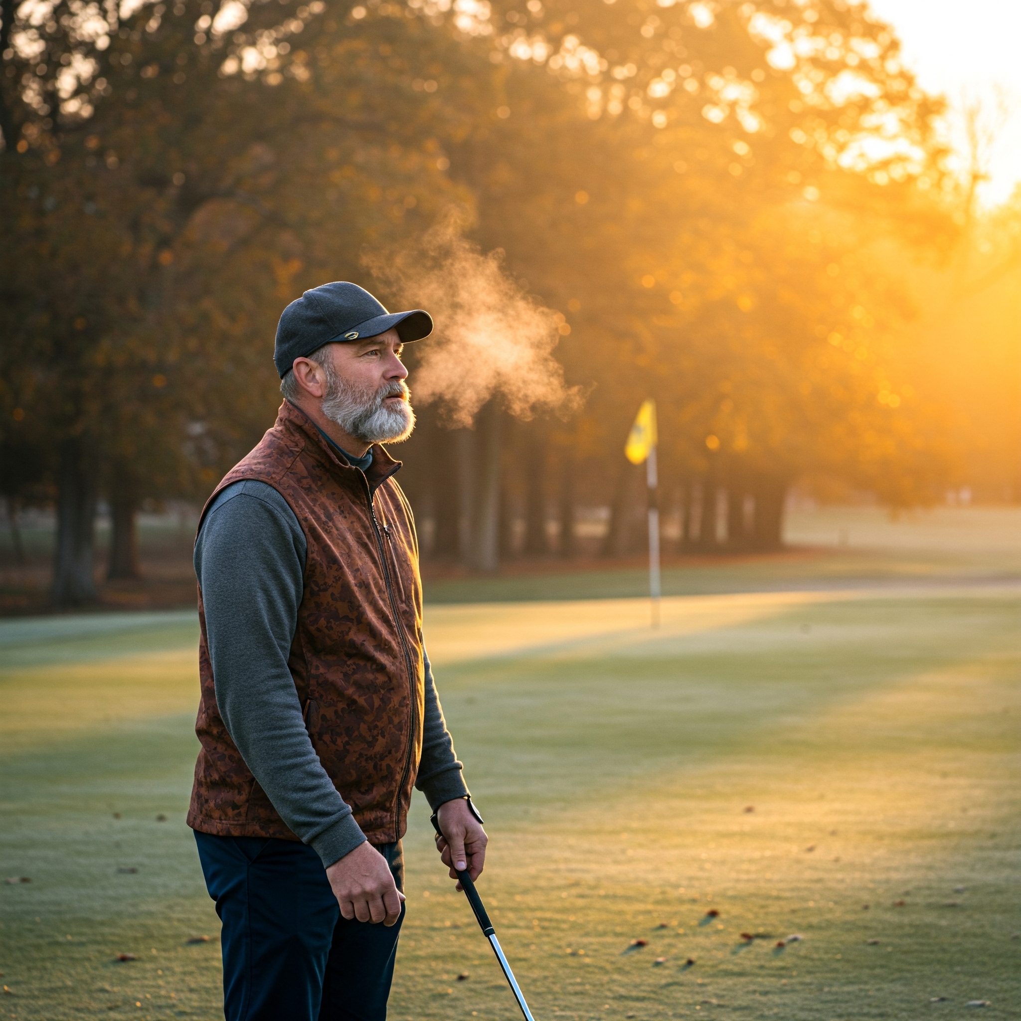 Golfer preparing to hit a shot on a frosty morning golf course