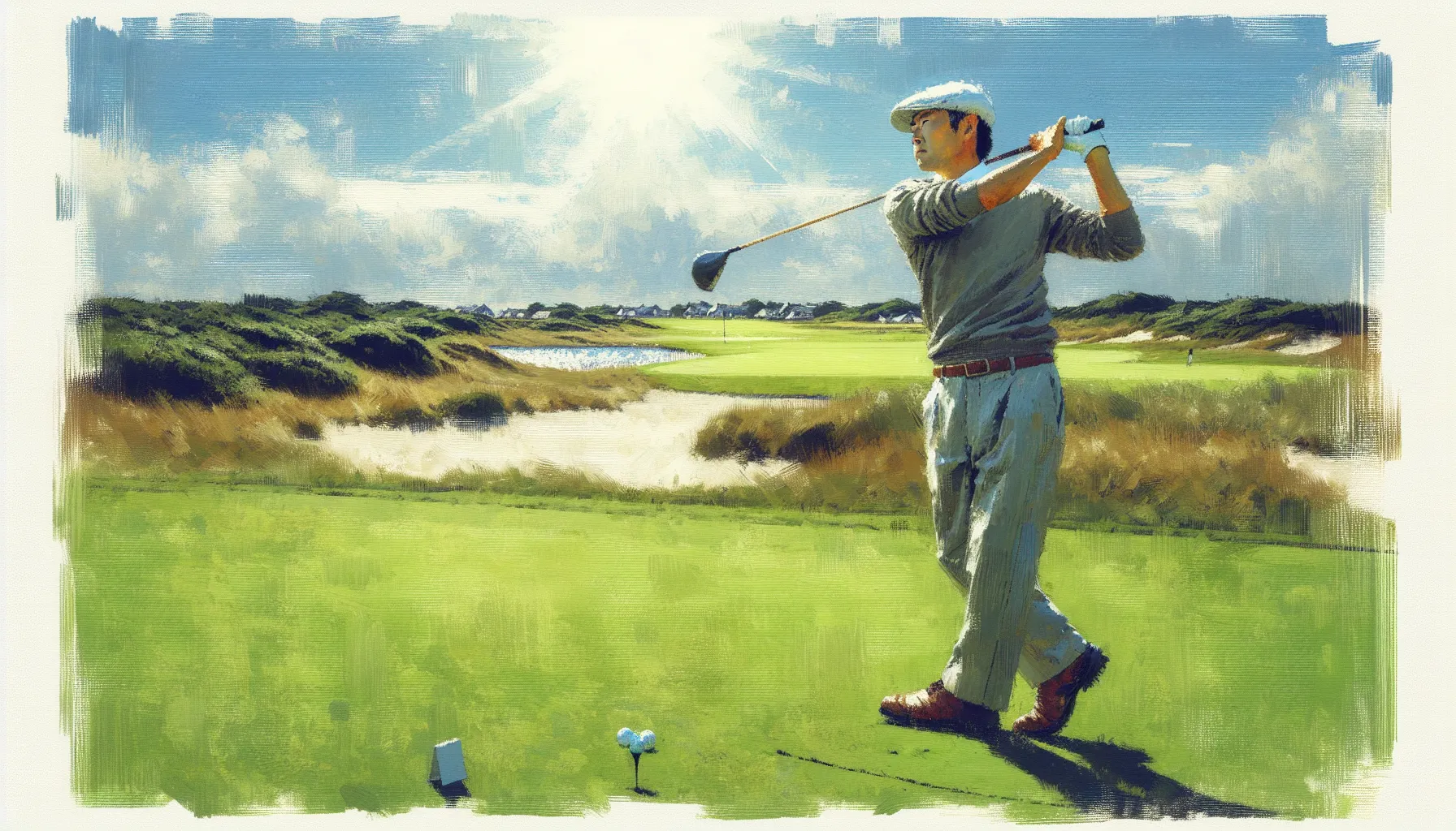 A content golfer swinging his club in the sunlight on the fairway. A content golfer swinging his club in the sunlight on the fairway.