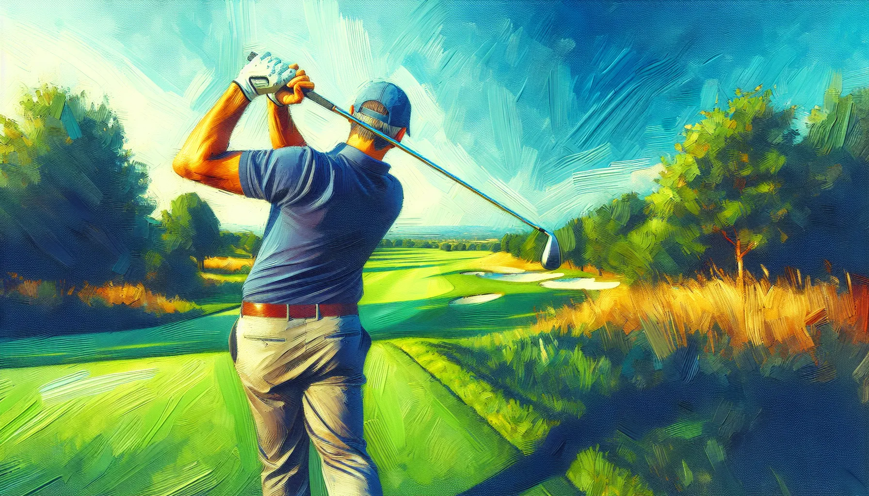 A content golfer taking a relaxed swing at the ball on the fairway. A content golfer taking a relaxed swing at the ball on the fairway.