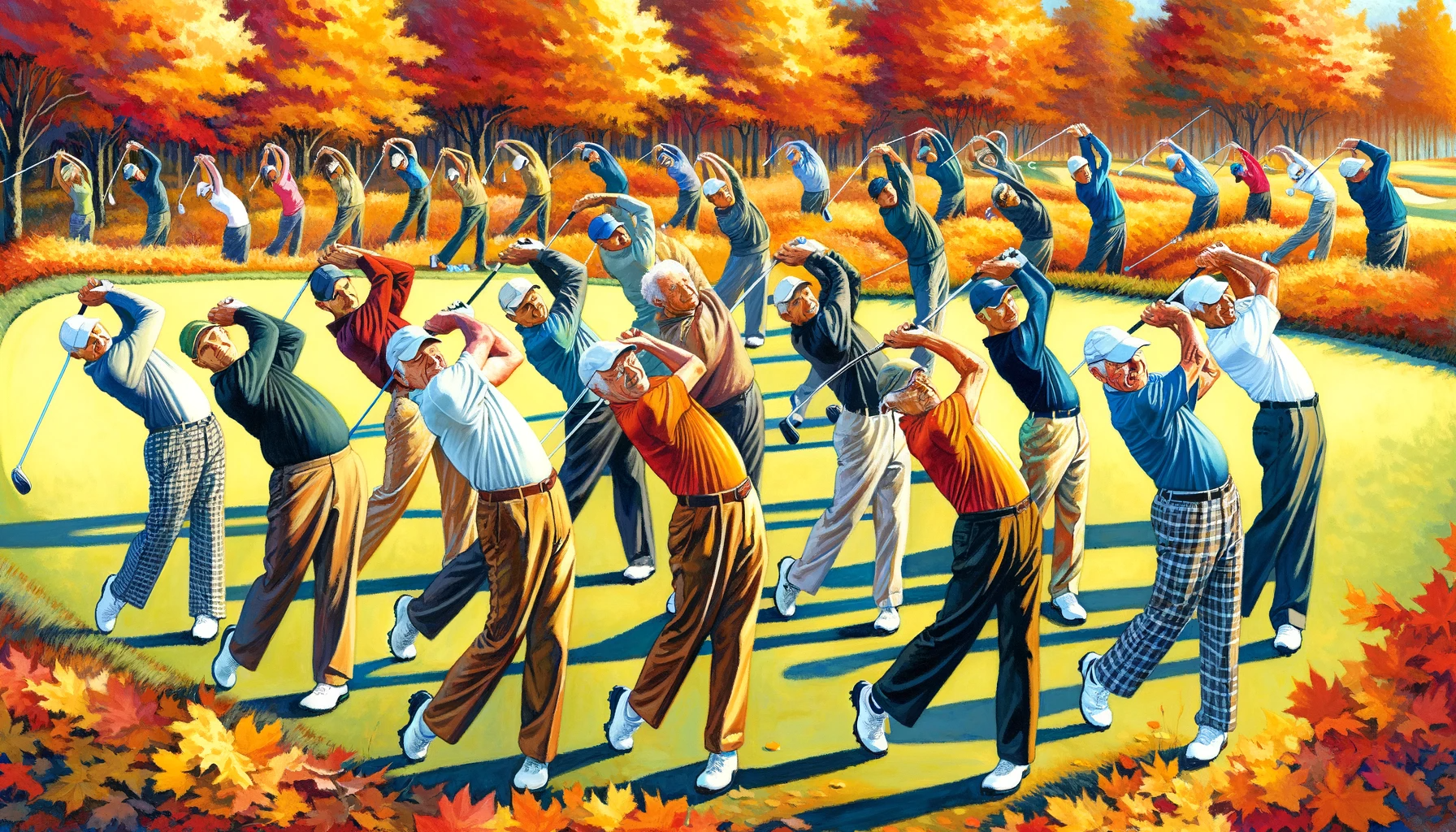 Diverse golfers dynamic stretches late autumn