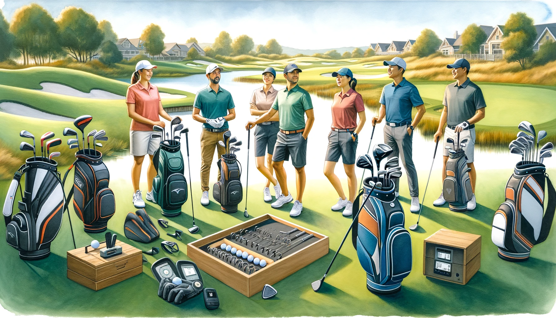 Diverse golfers group accessories