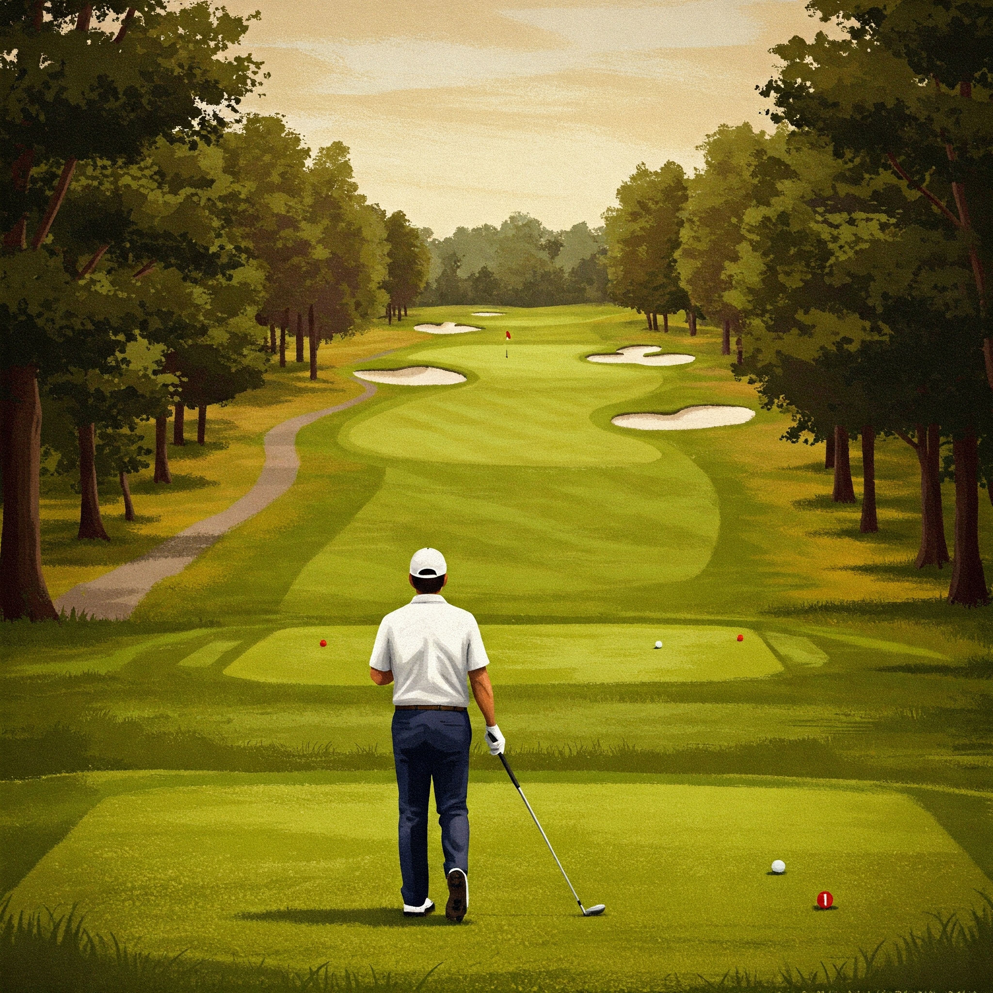 Golfer deciding between driver and 3-wood on a challenging tee box