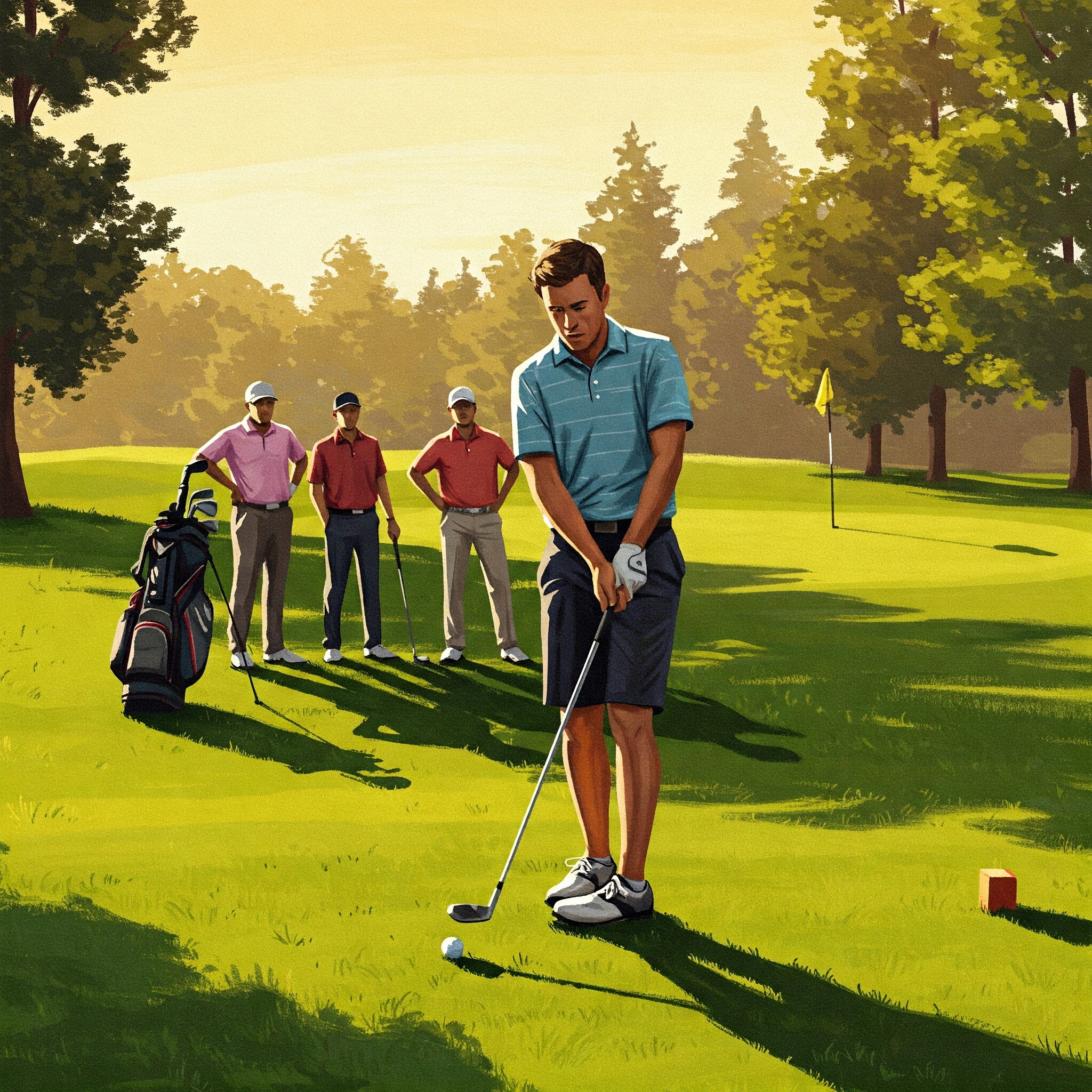 Weekend golfer confidently preparing for first tee shot while managing nerves