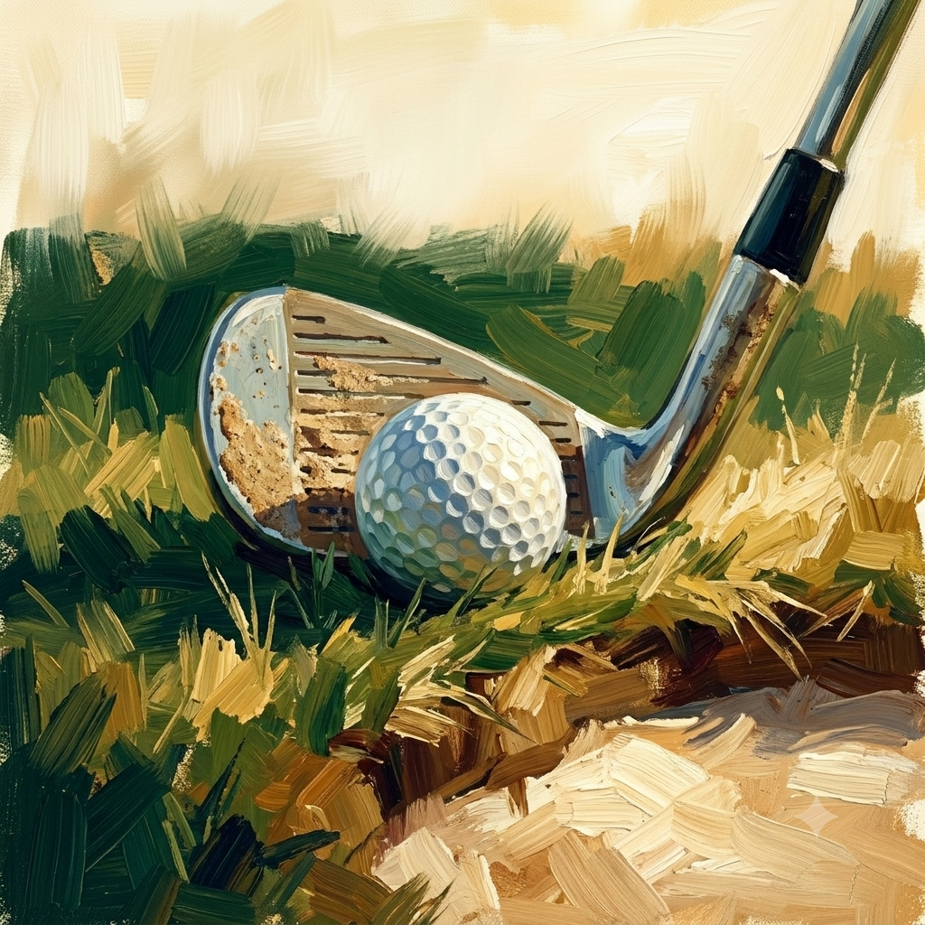 A close-up impressionistic painting of a golf ball nestled in the deep rough, positioned just in front of the face of a worn sand wedge golf club. A close-up impressionistic painting of a golf ball nestled in the deep rough, positioned just in front of the face of a worn sand wedge golf club.