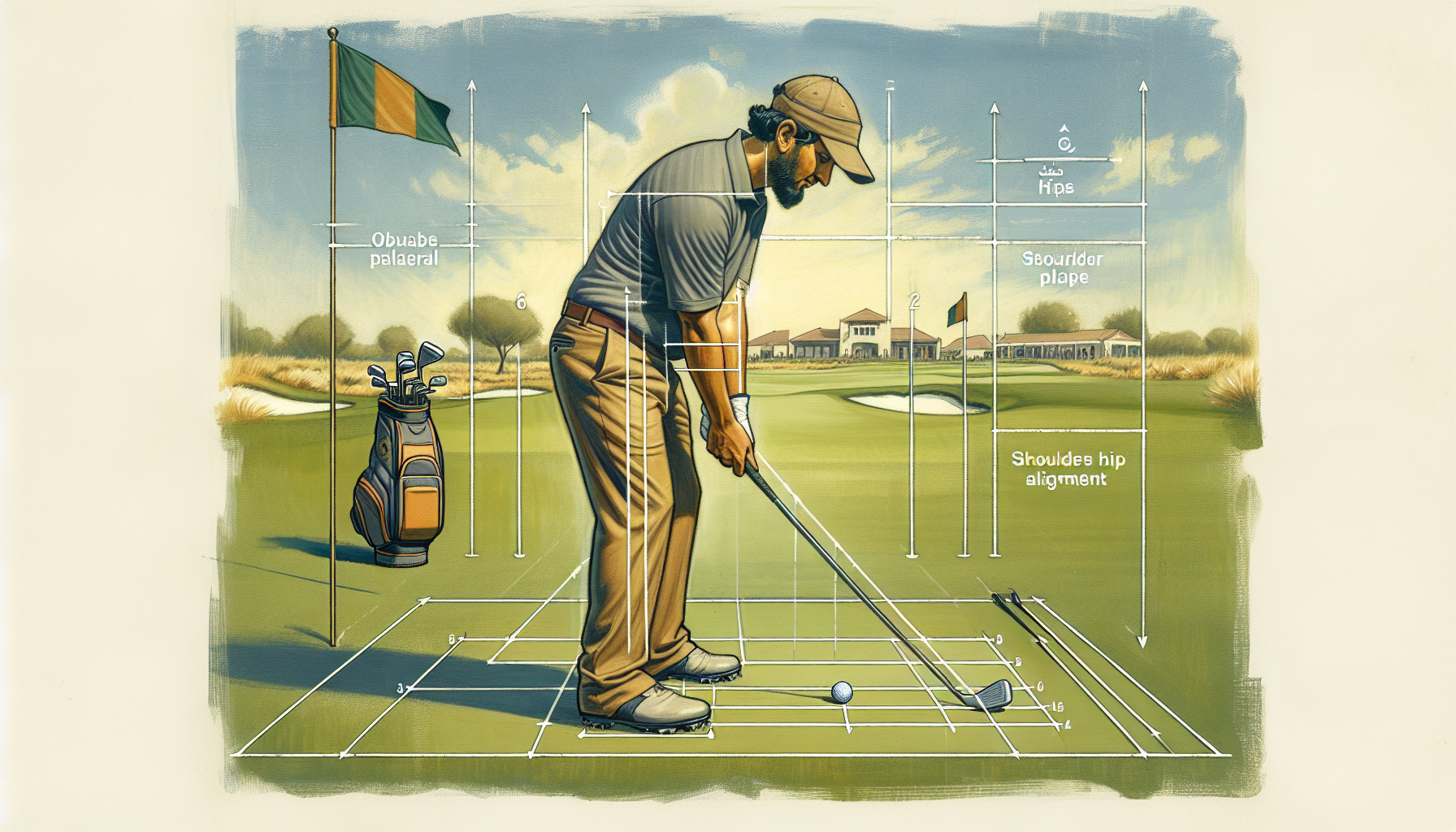 Golfer demonstrating proper body alignment setup with feet hips and shoulders parallel to target line