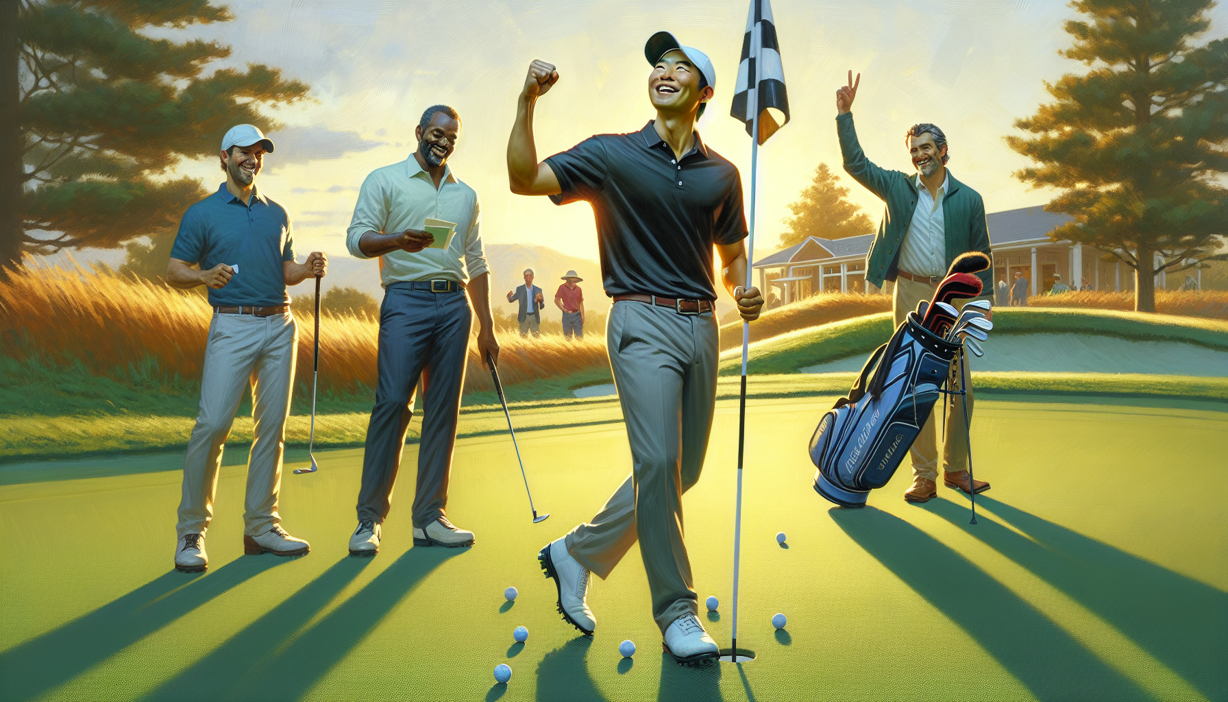 Weekend golfers celebrating victory with fist pumps and smiles on golf course