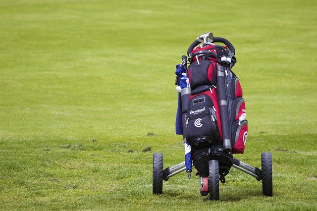 A red golf cart bag.
