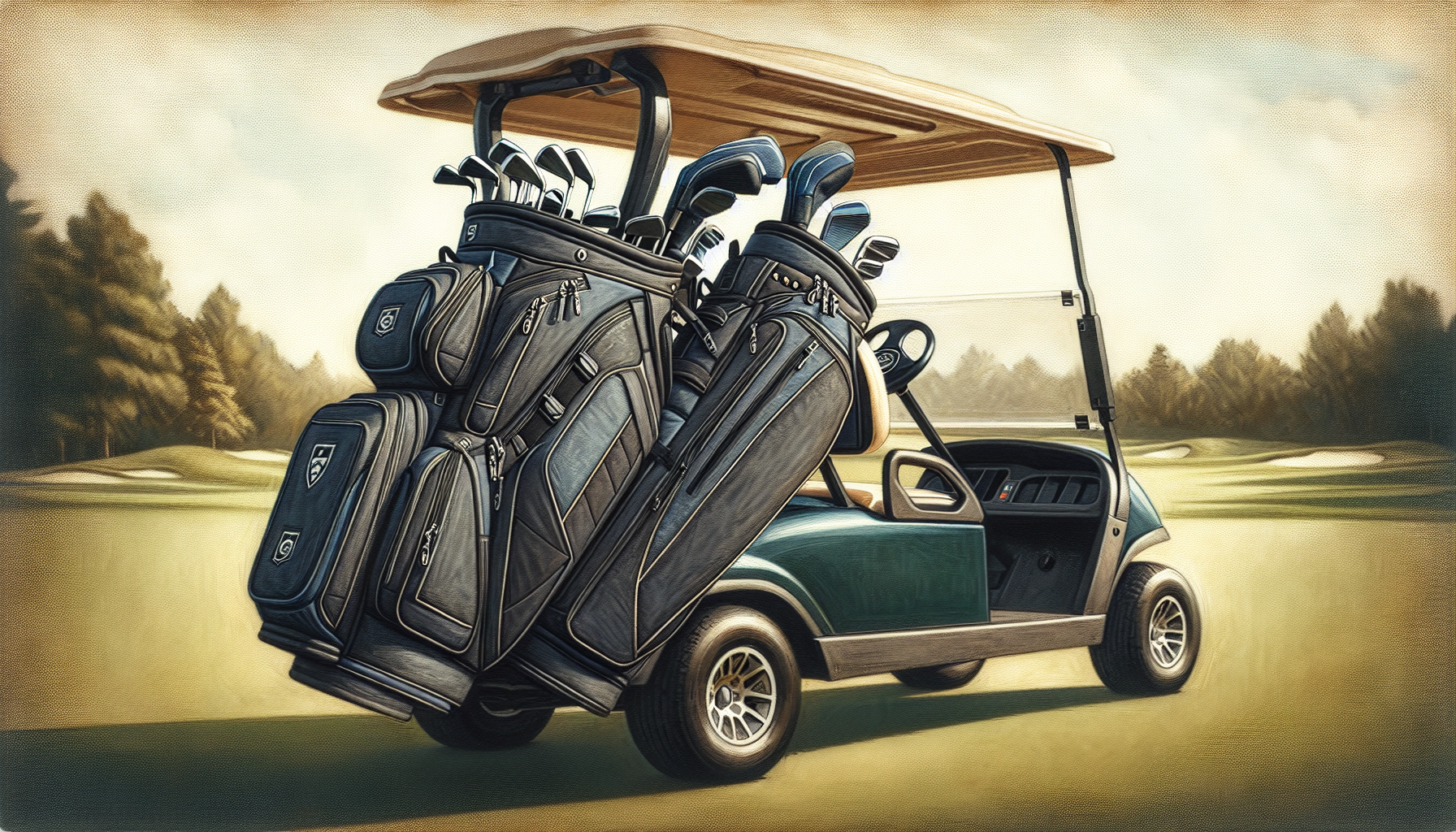 Modern golf cart bag with 14-way dividers and multiple storage pockets organized on golf cart