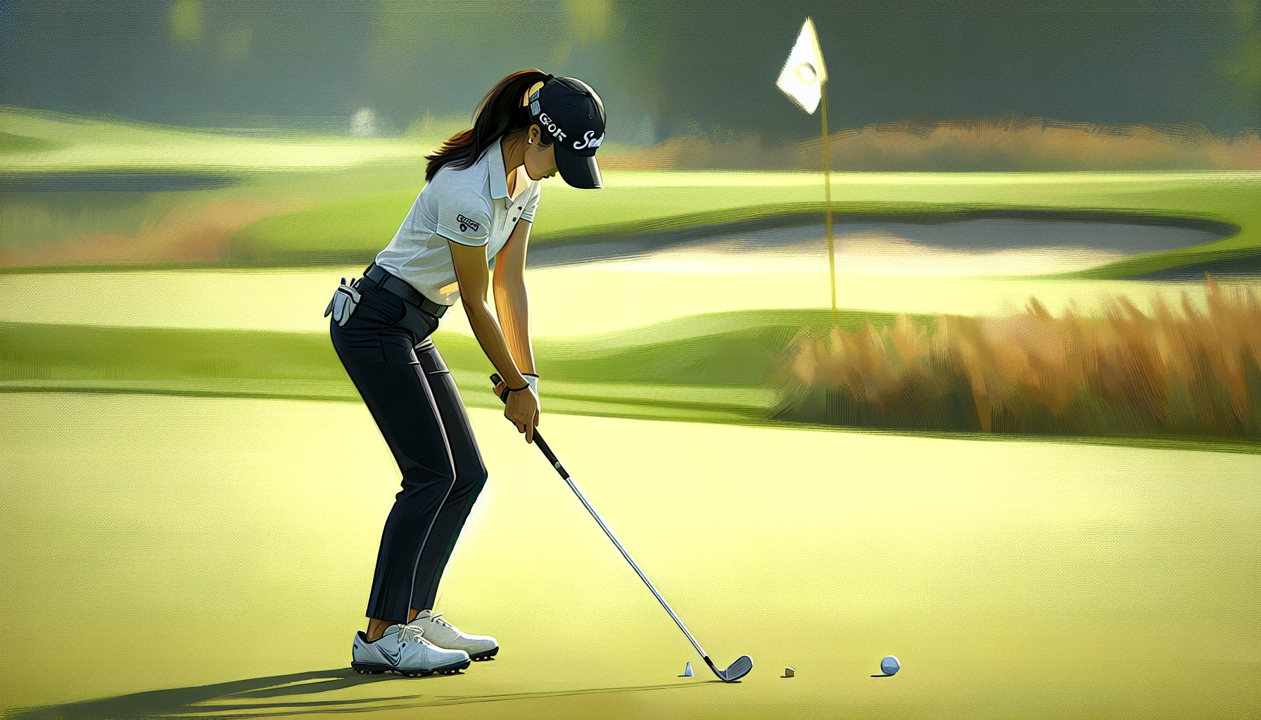 Weekend golfer demonstrating proper golf chipping setup with narrow stance and forward weight distribution