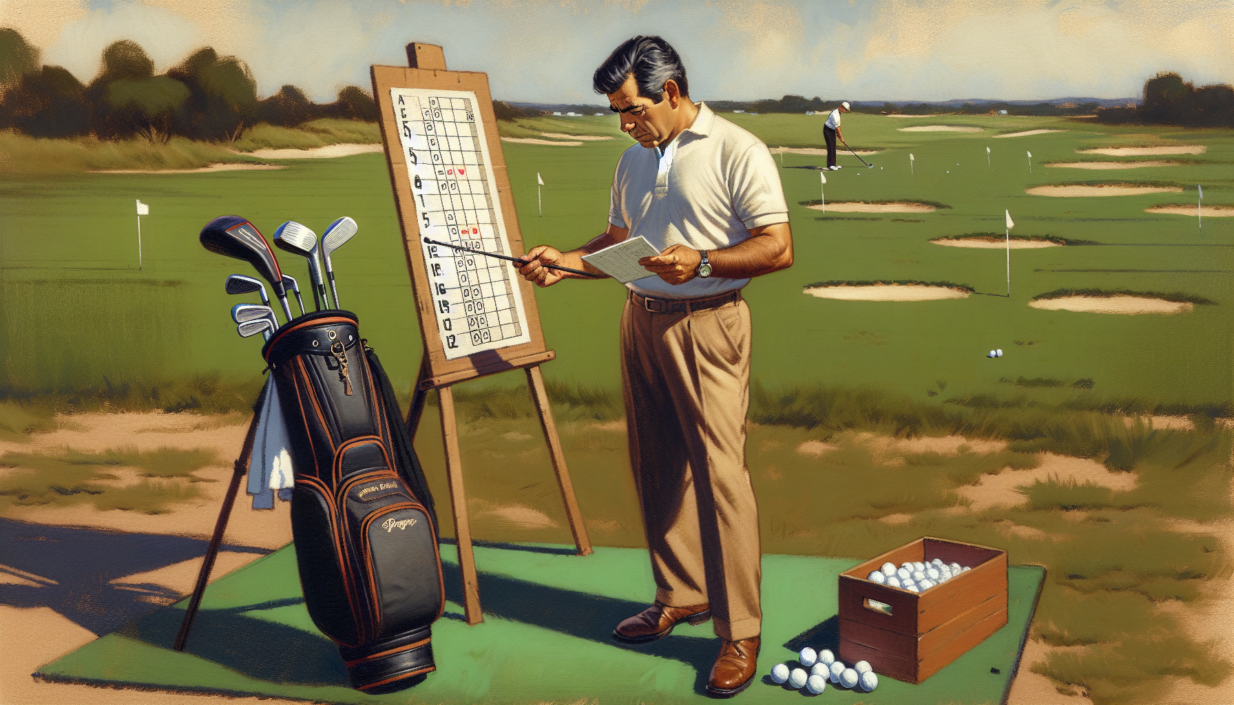 Weekend golfer with distance chart checking yardages on golf course driving range with various clubs