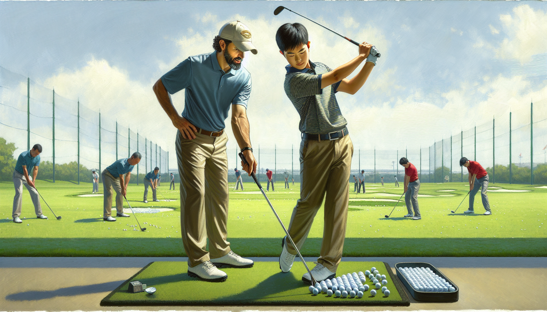 Professional golf coach giving lesson to student on driving range