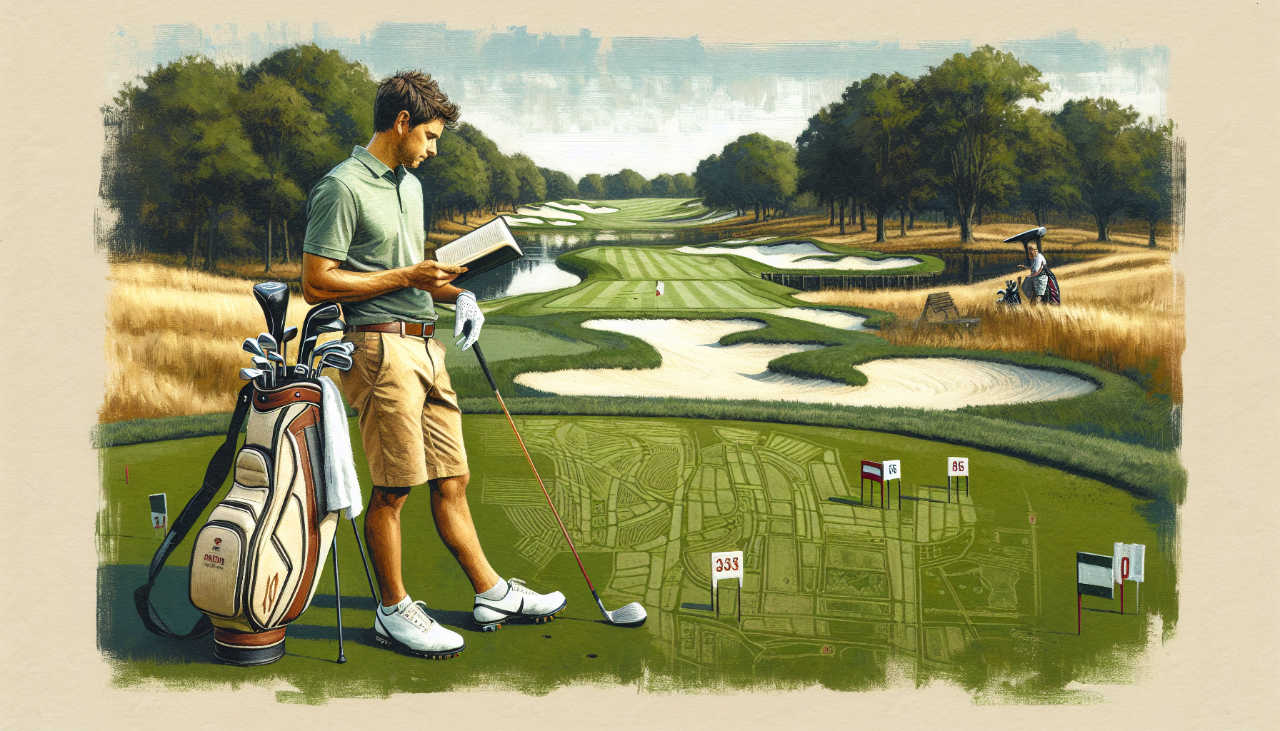 Weekend golfer analyzing course strategy on tee box with yardage book