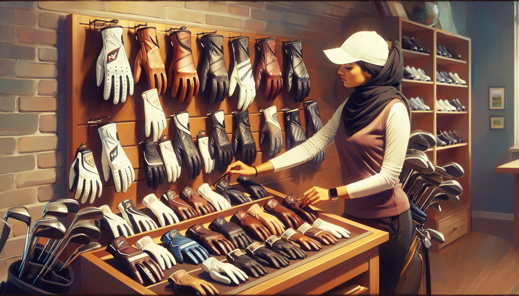 Weekend golfer examining different golf gloves for proper fit and grip