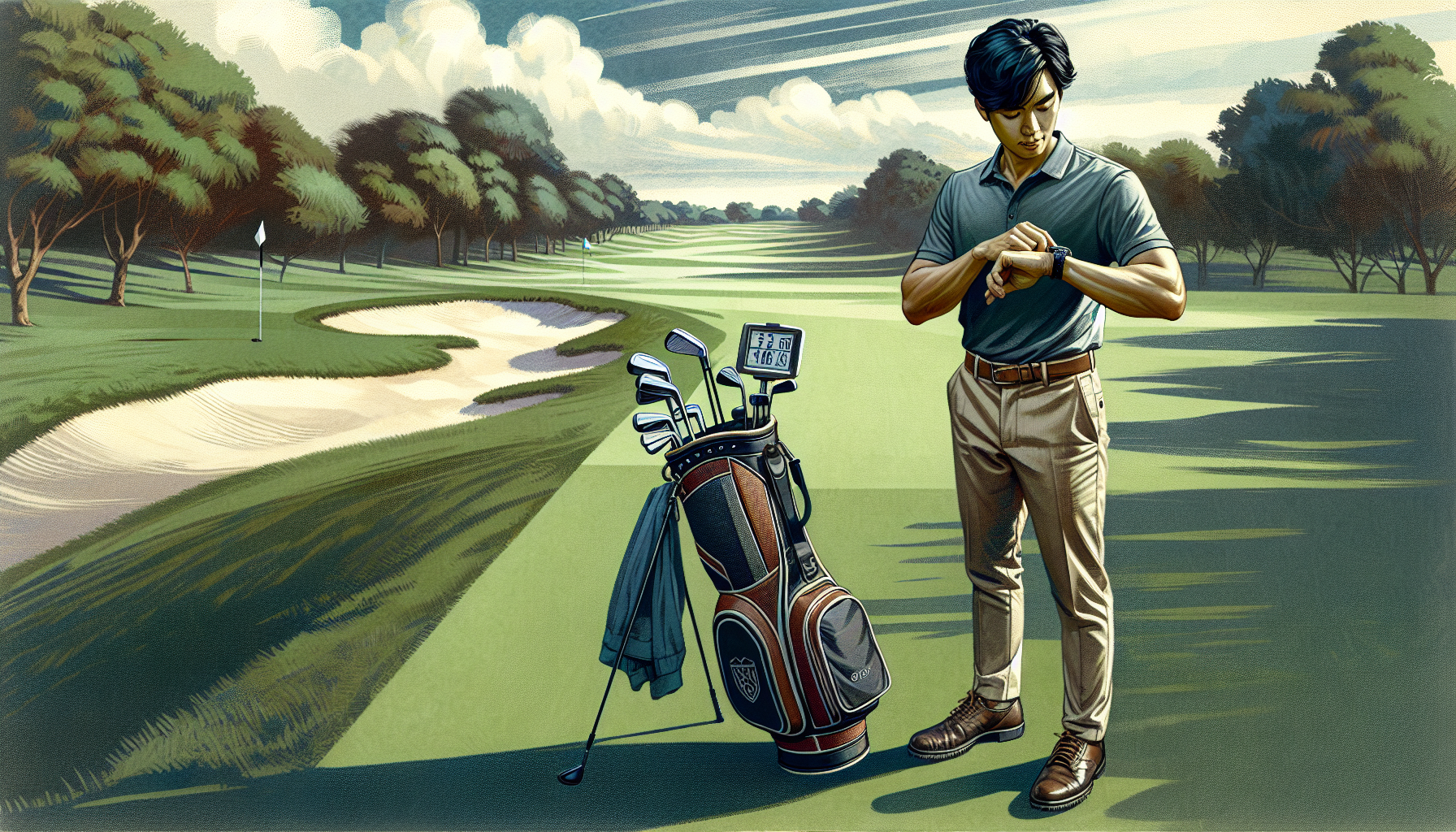 Weekend golfer checking GPS watch on golf course for yardage information