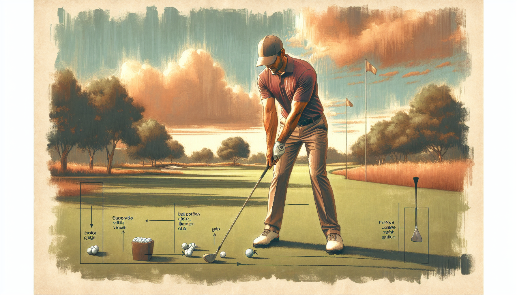 Weekend golfer demonstrating proper golf setup fundamentals with correct stance, grip, and ball position