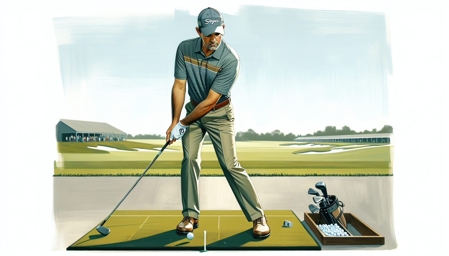 Weekend golfer demonstrating proper golf swing setup position with correct grip, stance, and posture