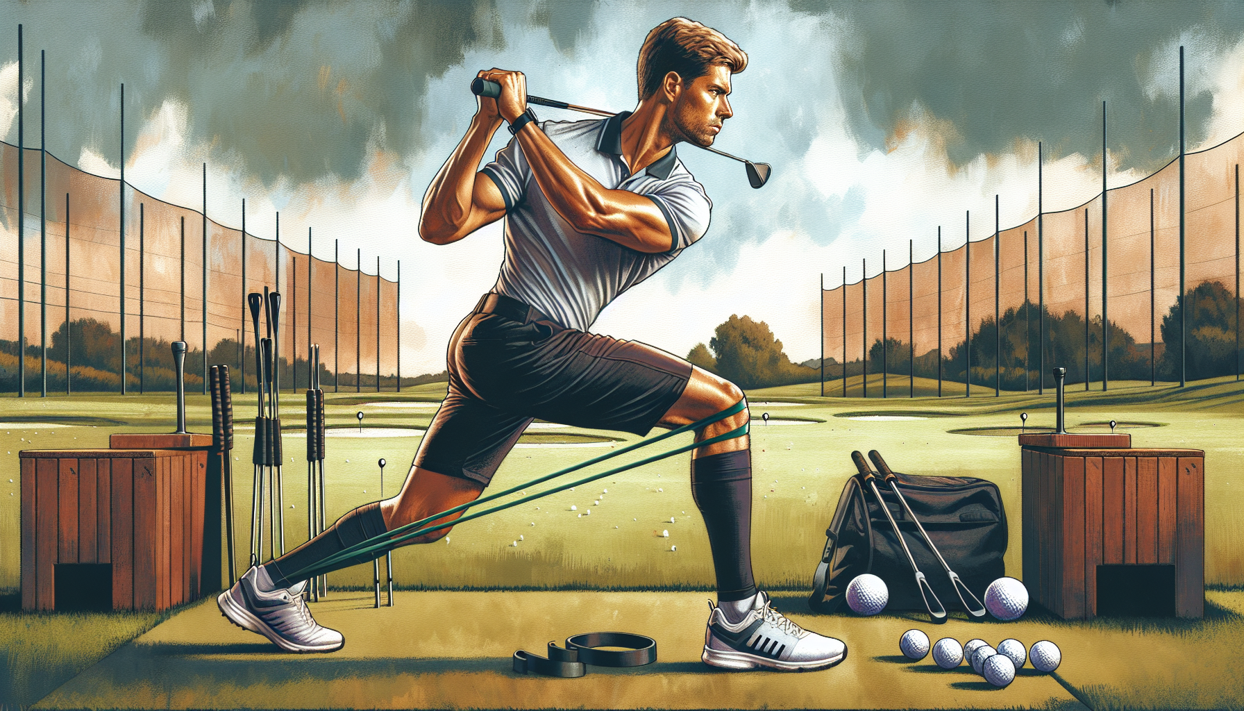 Weekend golfer practicing swing speed training with resistance bands