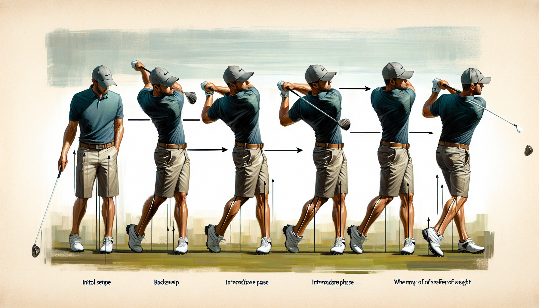 Golf weight transfer sequence showing proper stance and movement through swing phases