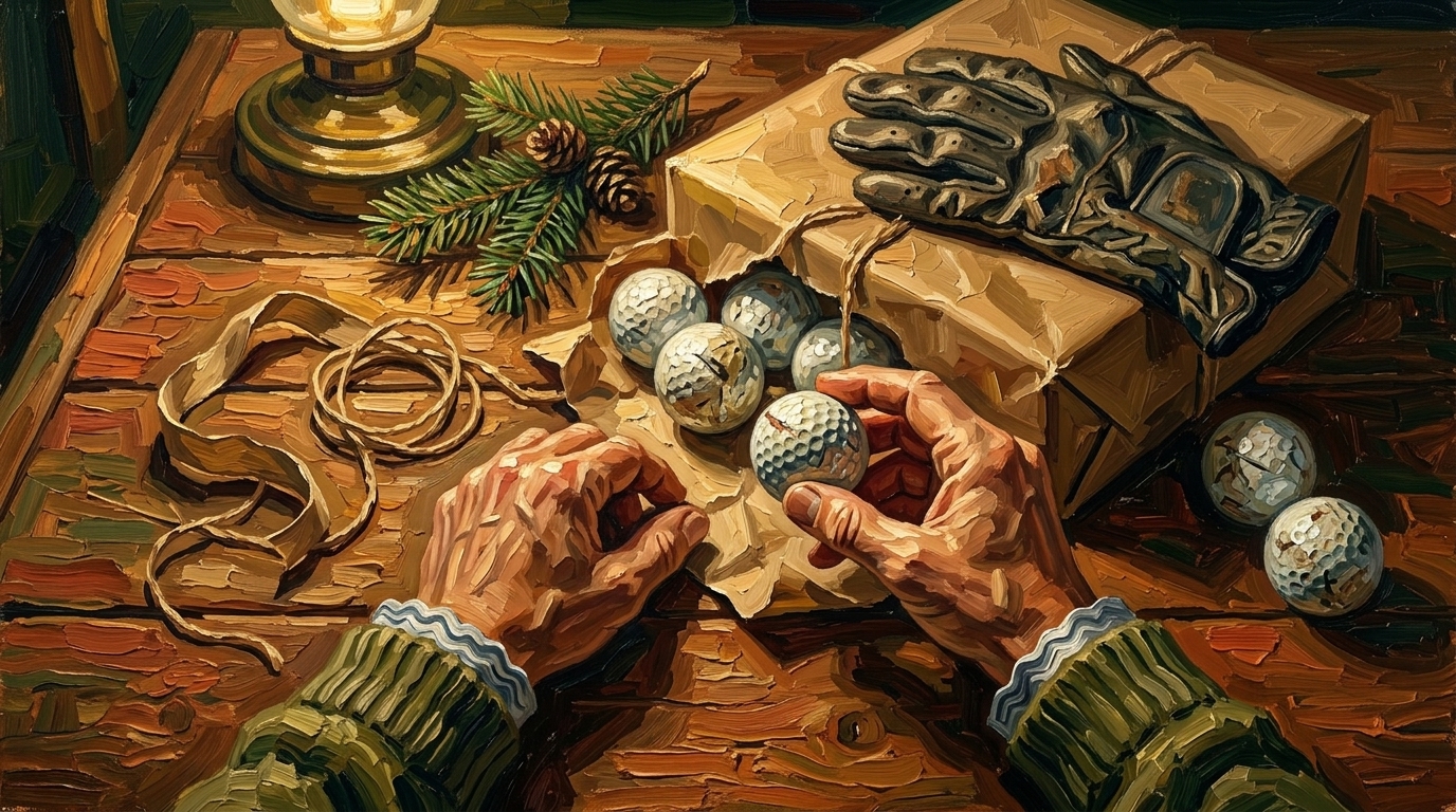 A half-unwrapped gift box with scuffed golf balls and a worn glove on a wooden table, best golf gifts