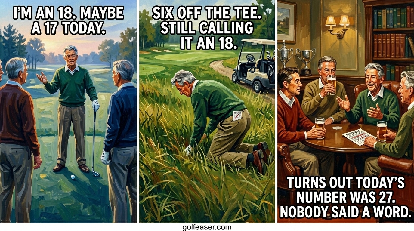 Three-panel golf comic strip: a golfer confidently declares his handicap on the first tee, quietly falls apart on the back nine, and the real number surfaces at the 19th hole — golfeaser.com