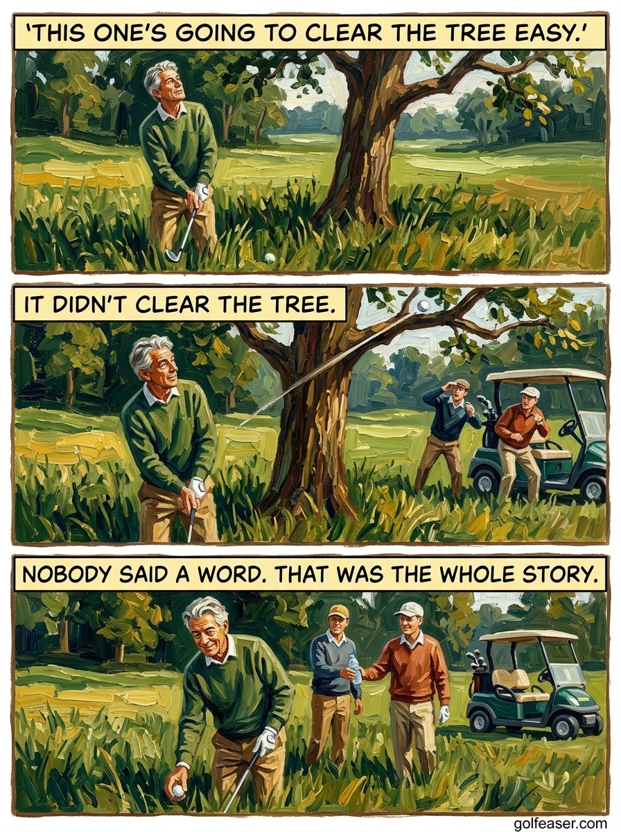 Three-panel golf comic strip: a weekend golfer's overconfident recovery shot from the rough ricochets straight back off a low branch — golfeaser.com