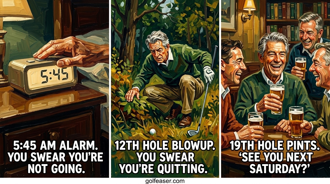 Three-panel golf comic strip: a golfer almost ignores his 5:45 AM alarm, blows up and swears he's quitting after a disaster on the 12th hole, then toasts with friends at the 19th hole already agreeing to next Saturday — golfeaser.com