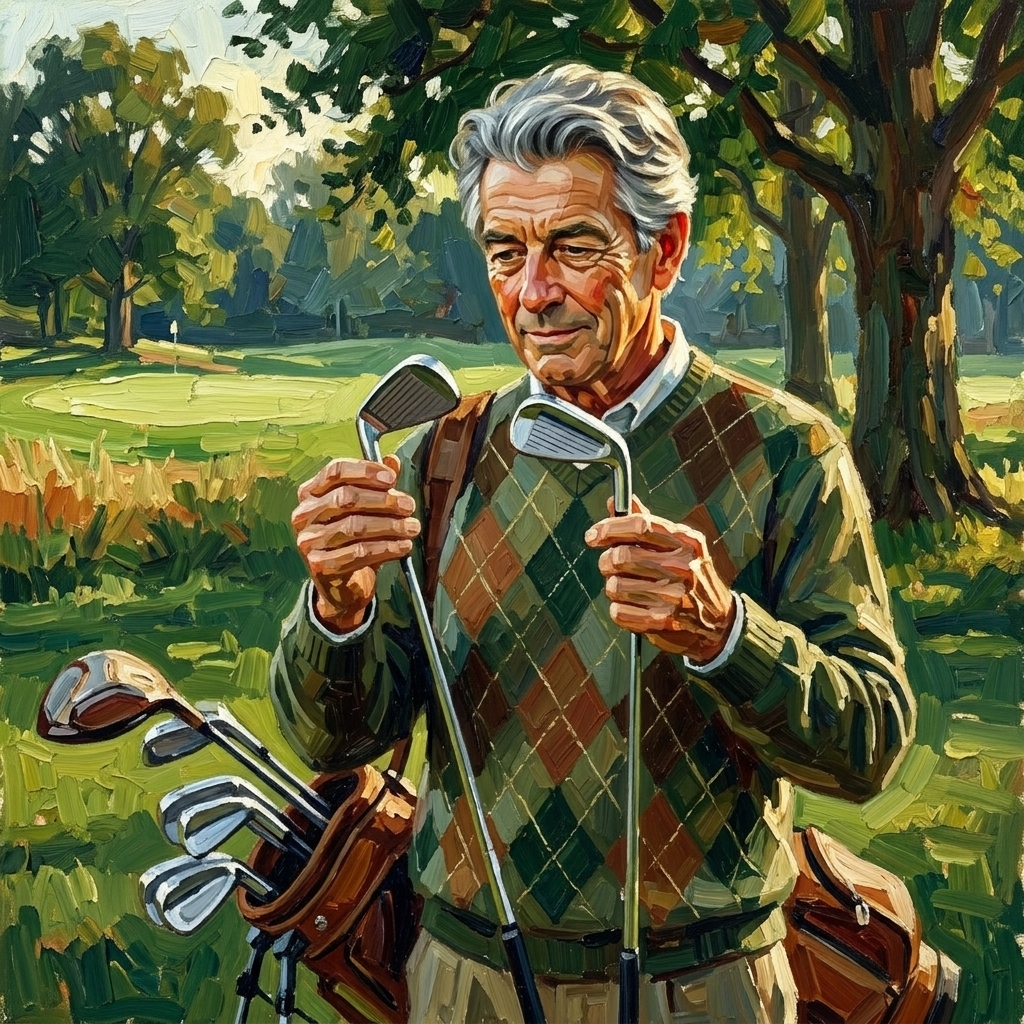 Weekend golfer holding two golf irons deciding which club to hit, confidence shot selector choose the right club every time