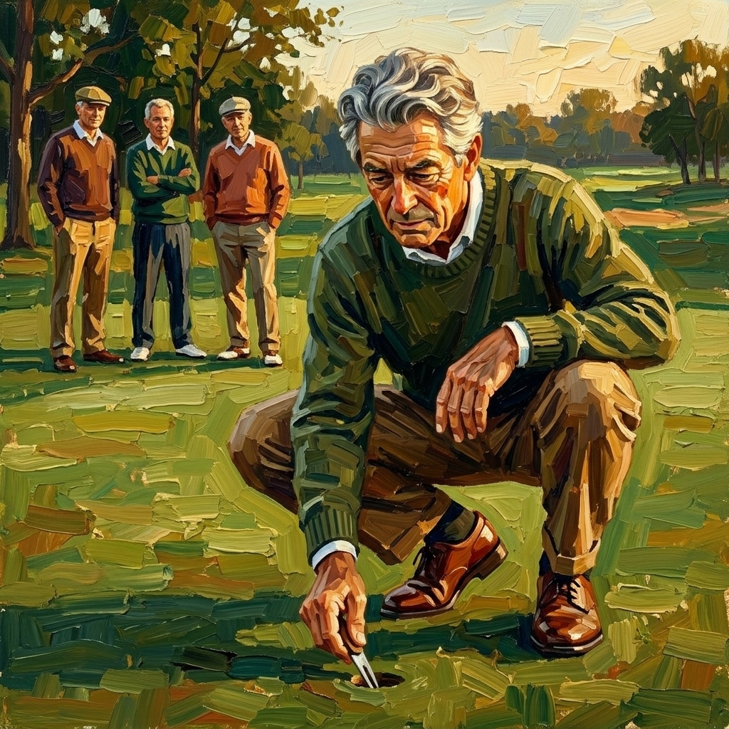 Golfer crouched down repairing a ball mark on the green while friends wait, golf etiquette rules for beginners