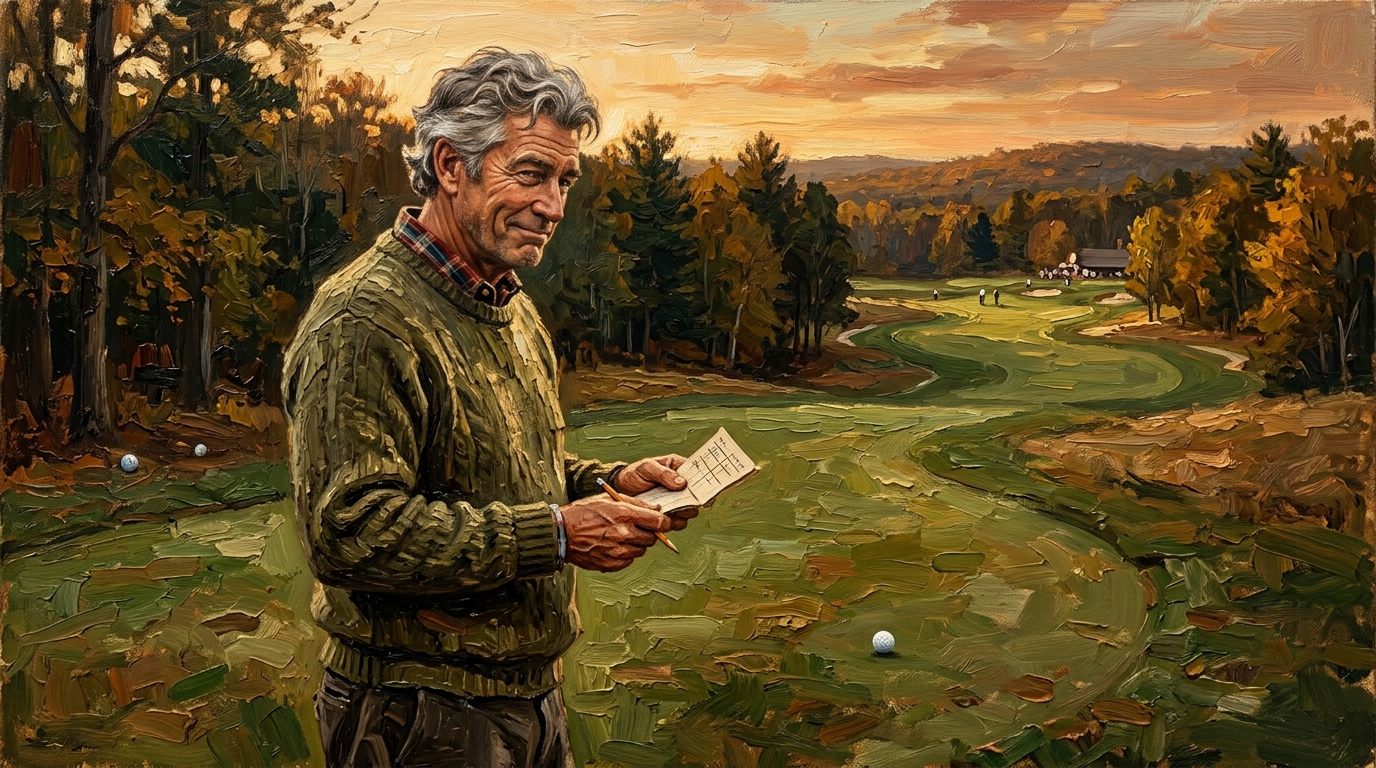Johnny standing at the edge of a fairway holding a tally-marked scorecard, fairways hit per round bogey golfer