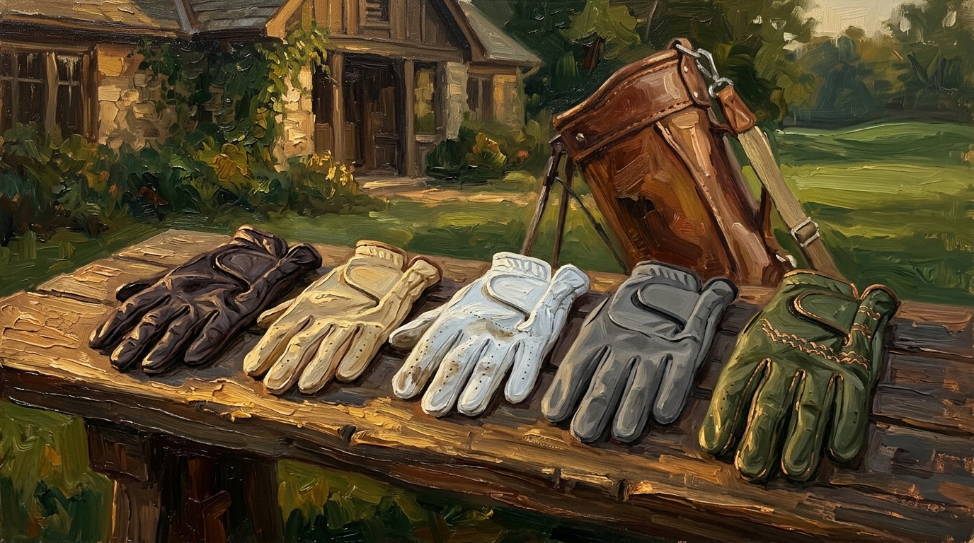 Five worn golf gloves of different materials laid out on a wooden bench, best golf gloves