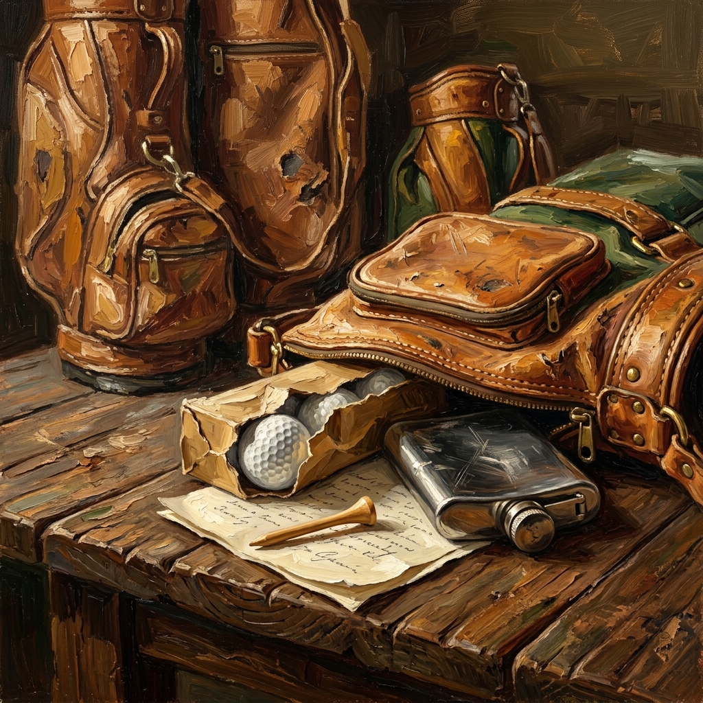 A worn golf bag pocket spilling out a sleeve of golf balls, a flask, and a handwritten note, representing thoughtful golf gifts