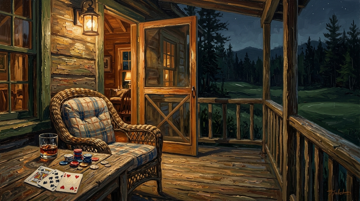 Empty porch chair at a nighttime golf trip card game, golf buddy who disappears at night on trip