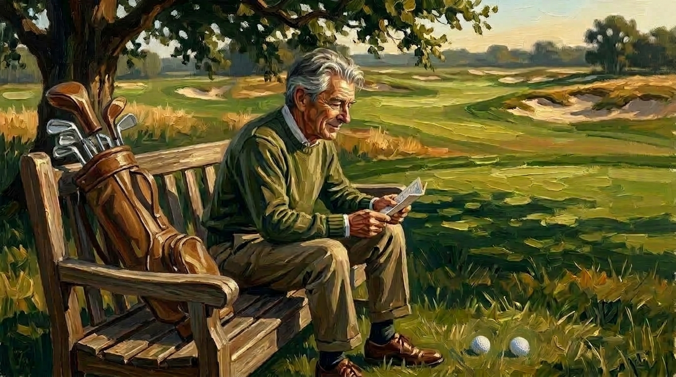 Golfer resting at the turn on a wooden bench with a scorecard, what is a mid handicap golfer