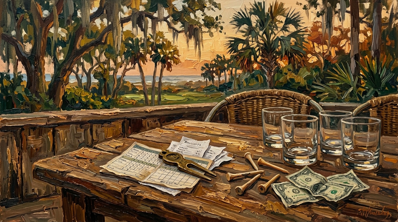 Weathered clubhouse patio table with scorecards, receipts, and rocks glasses at dusk, myrtle beach golf trip cost