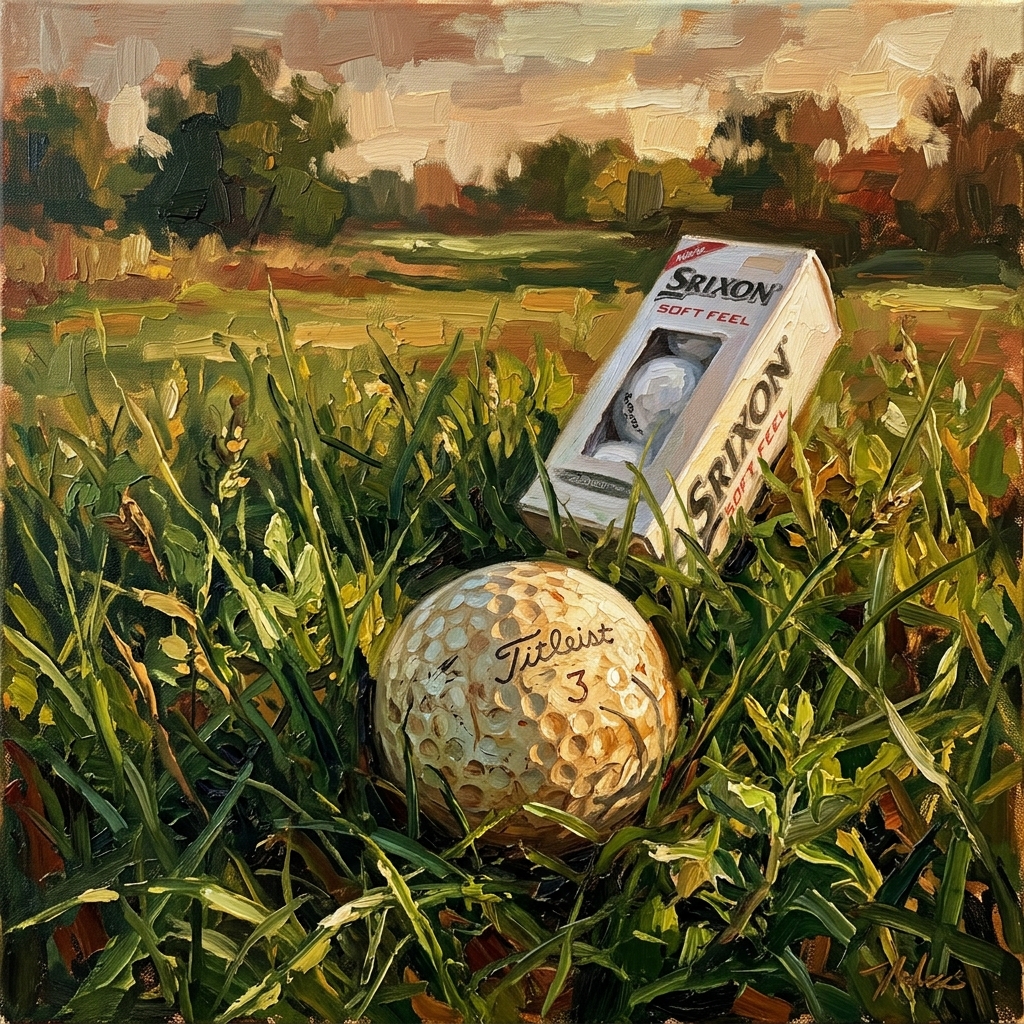 A single scuffed golf ball resting in tall rough grass, playing one golf ball for a month test
