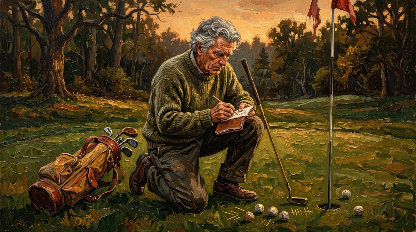 Weekend golfer marking putt tallies in a notebook on a practice green at dusk, average putts per round bogey golfer