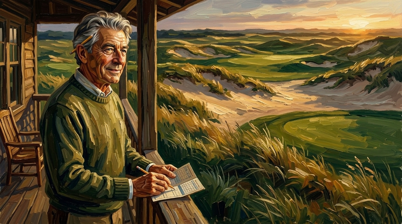 Golfer looking out over Sand Valley's dune fairways at dusk with a scorecard in hand, sand valley golf trip cost