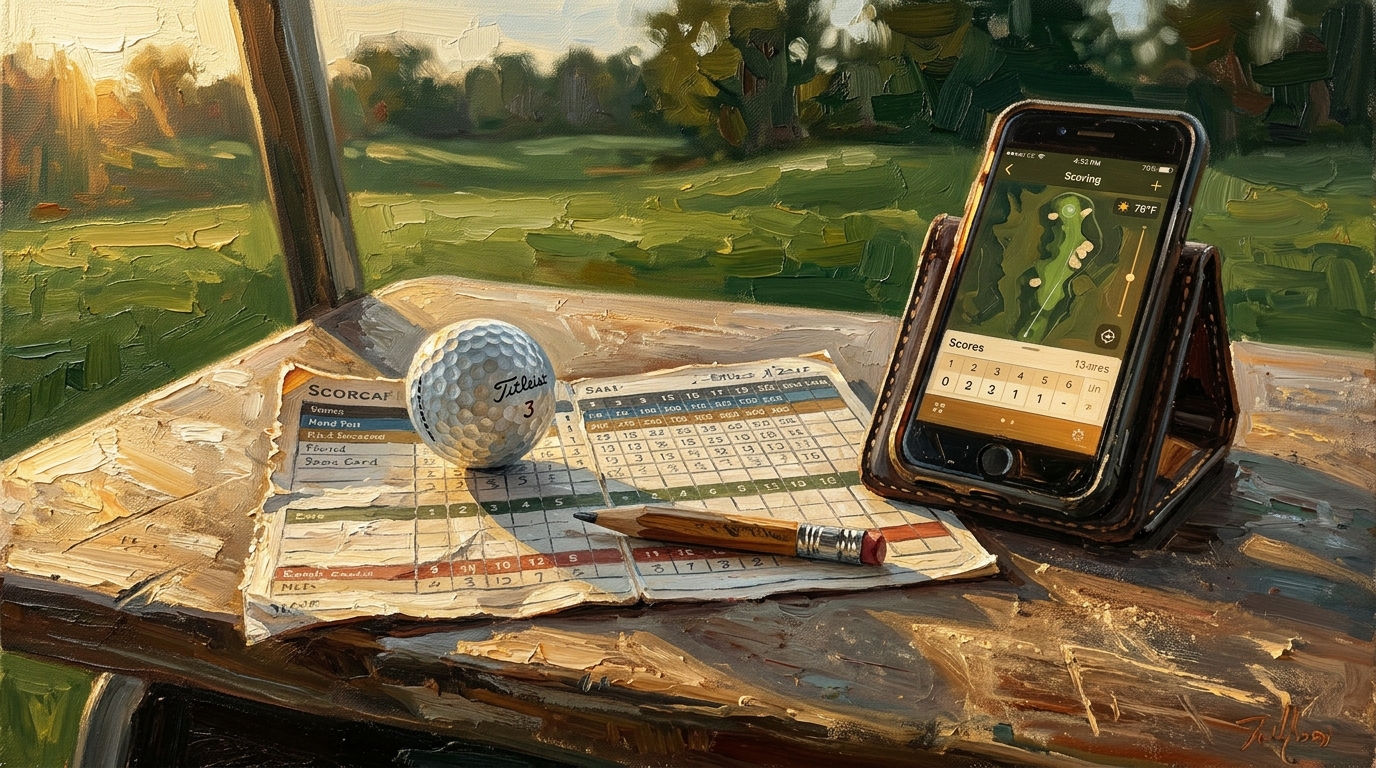 Paper golf scorecard and pencil beside a glowing phone on a cart dashboard, golf scorecard apps